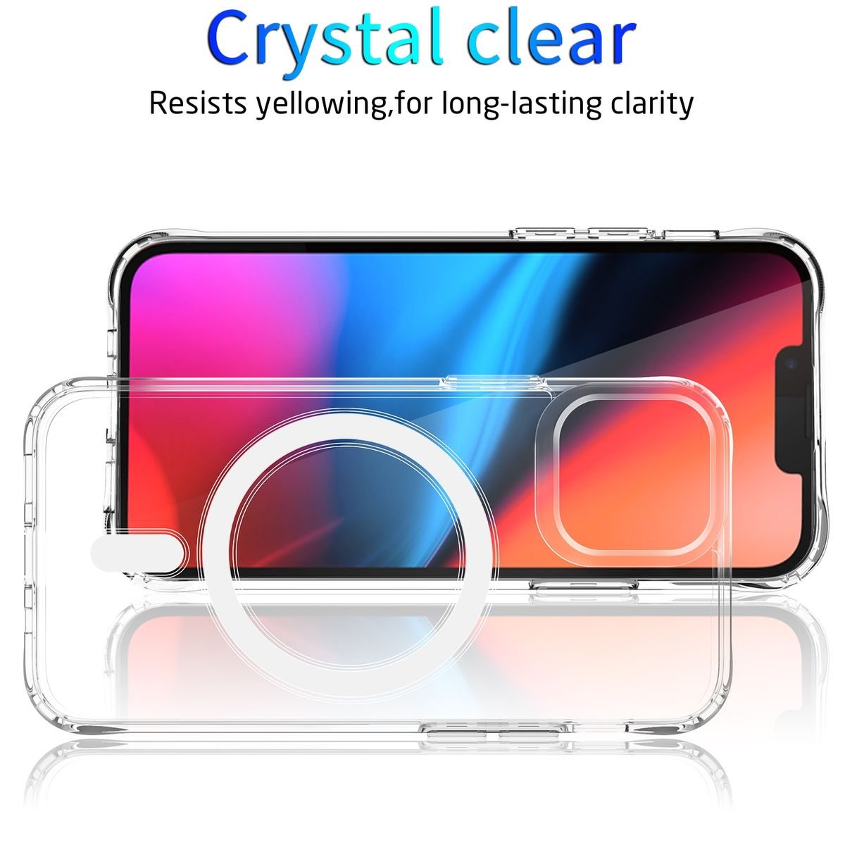 Transparente Handyhülle mit Telefon. Die Hülle hat einen Magnetring, das Telefon einen bunten Bildschirm.