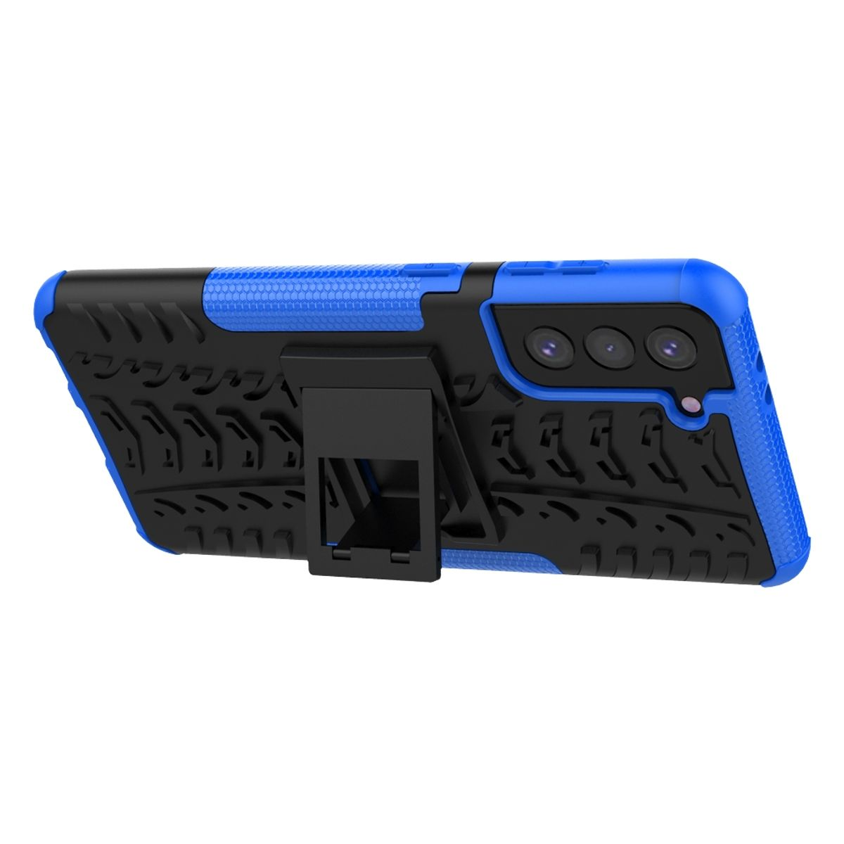Blaue und schwarze Handyhülle mit Ständer, zeigt Rückseite des Telefons.