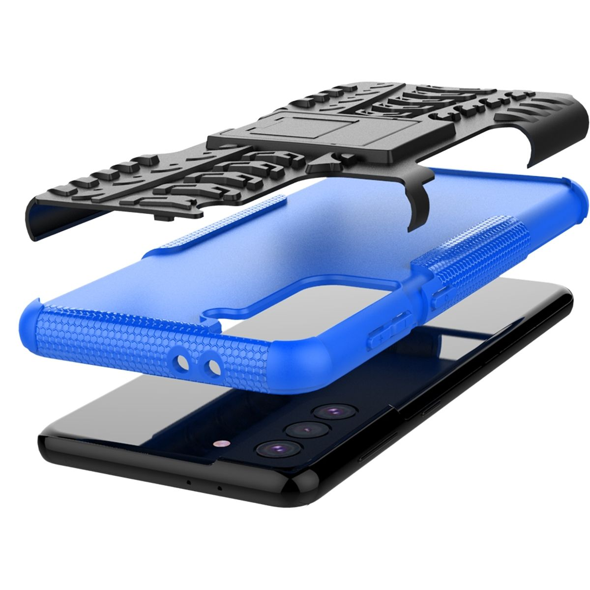 Telefon und Gehäuseteile getrennt. Blaue Hülle ist offen, schwarzes Telefon ist innen, mit Kamera.