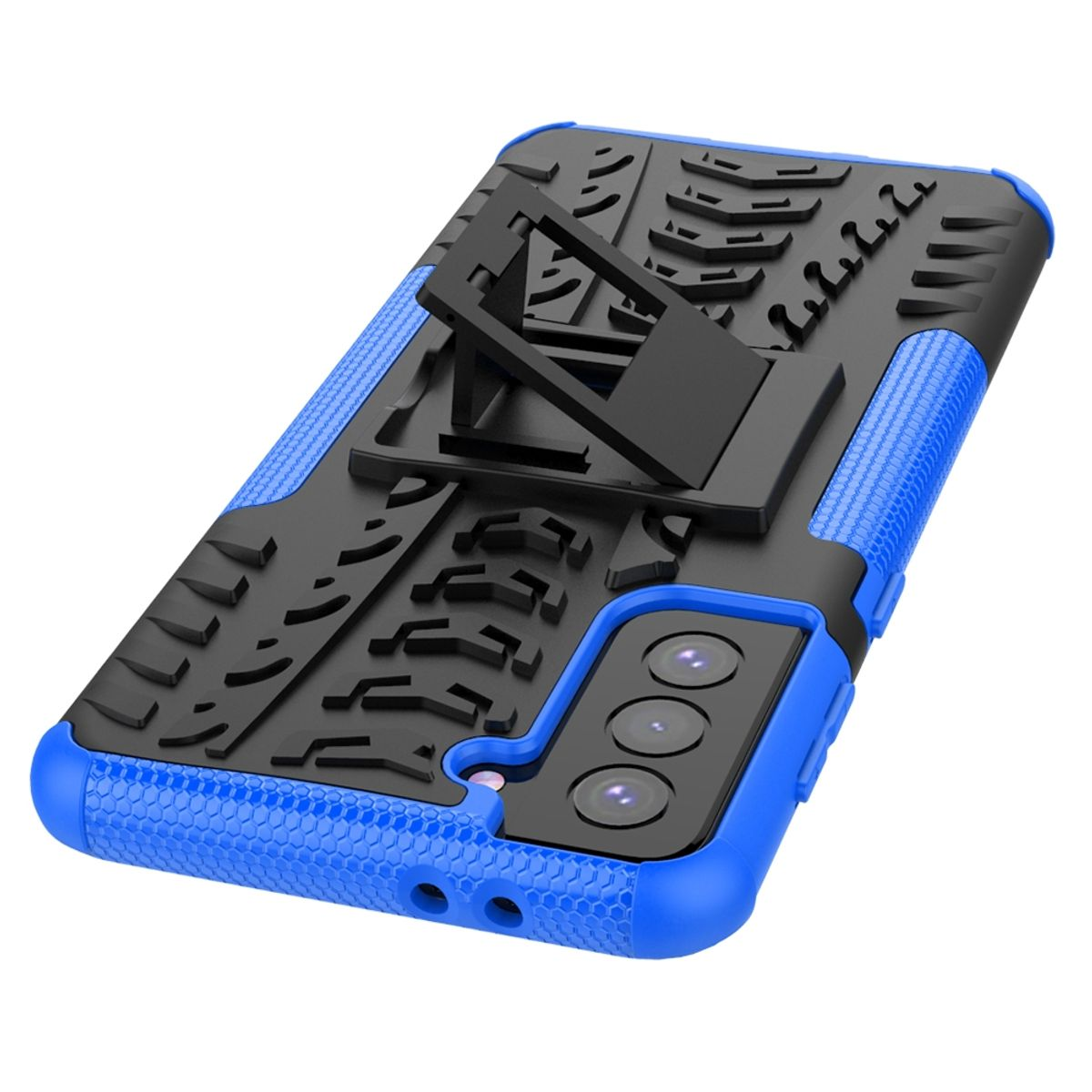 Blau-schwarze Handyhülle mit Ständer. Die Hülle hat ein strukturiertes Design.