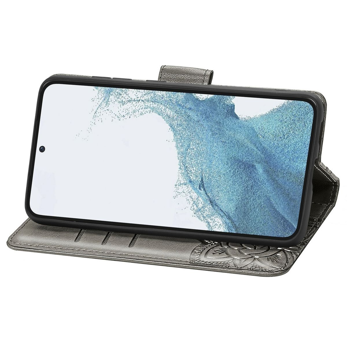 Graue Handyhülle mit Telefon. Die Hülle ist offen und zeigt den Bildschirm mit einem Blumendesign.