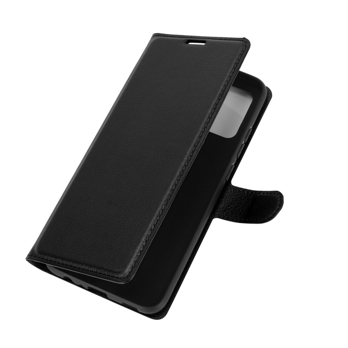 Schwarze Handyhülle, geöffnet. Das Telefon befindet sich in der Hülle.