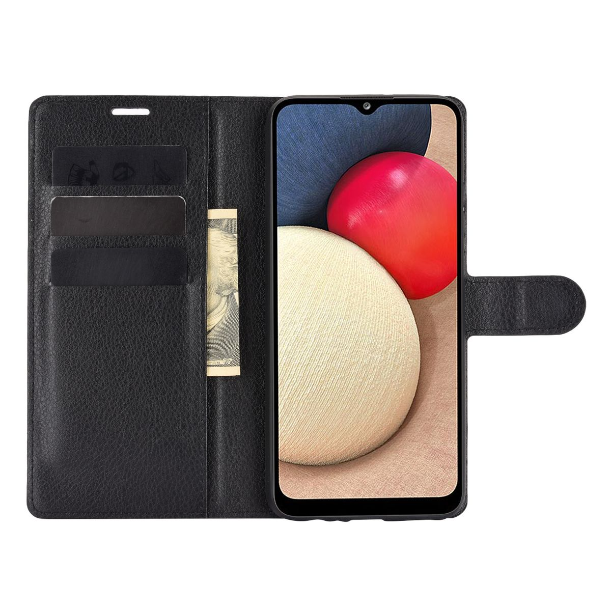 Schwarze Handyhülle mit Handy. Kreditkarten und Geld sichtbar. Geöffnet.