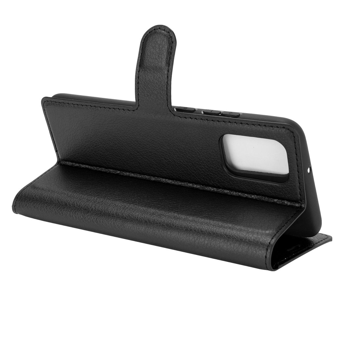 Schwarze Handyhülle, offen, mit Telefon darin. Hülle hat eine Ständerfunktion.