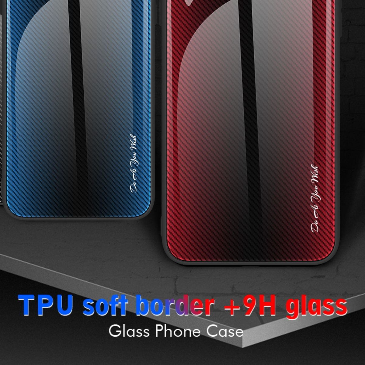 Zwei Handyhüllen mit Carbonfaser-Design, Text: "TPU soft border + 9H glass".