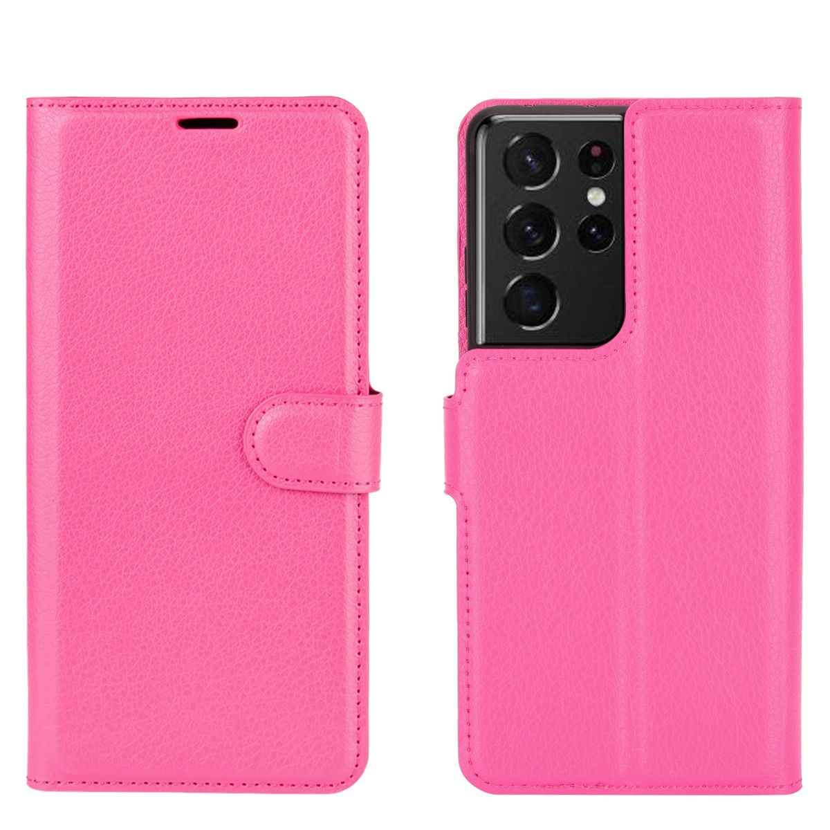 Rosa Handyhülle offen, zeigt das Telefon im Inneren. Die Hülle ist im Brieftaschenstil.