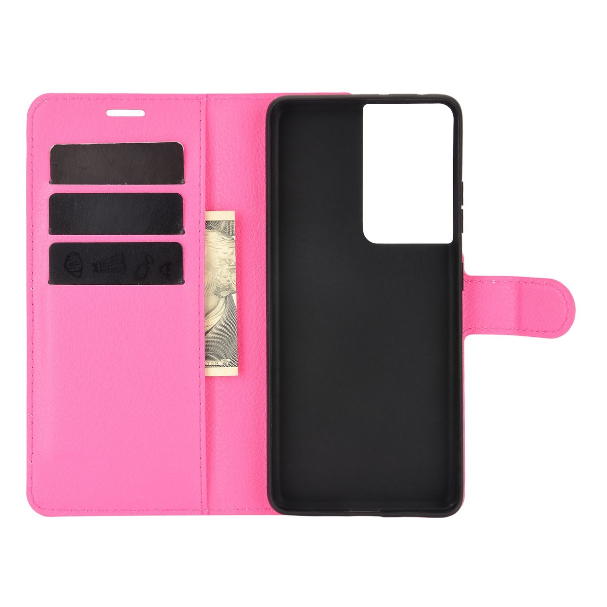 Offene rosa Handyhülle mit Telefon. Mit Kartenfächern und einem Dollarschein. Das Telefon ist schwarz.