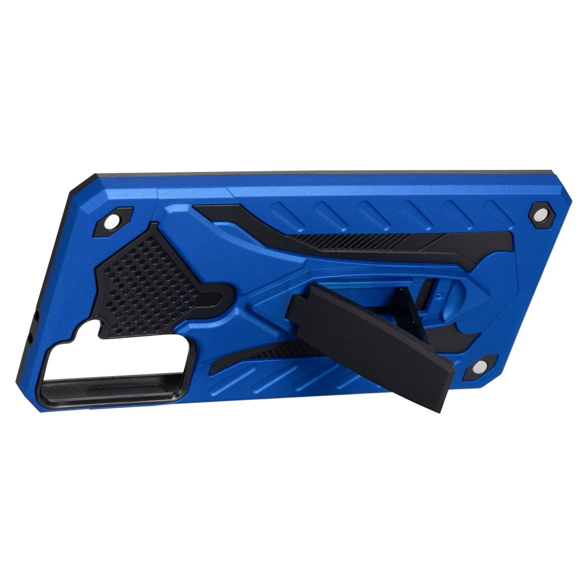 Blaue Handyhülle mit Ständer und geometrischem Design.