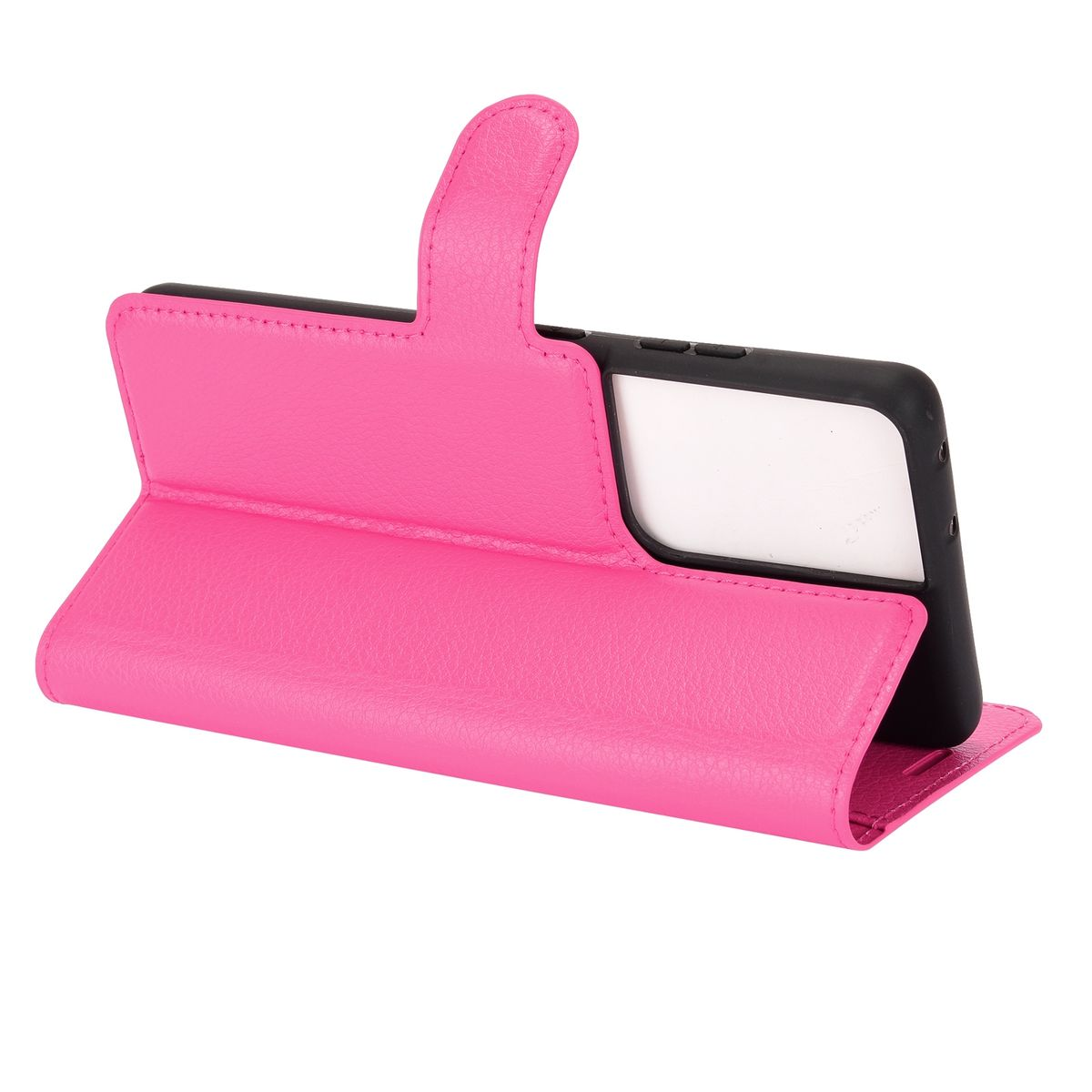Offene rosa Handyhülle. Telefon befindet sich in der Hülle, mit einer Abdeckung, die sich zum Aufstellen des Telefons zusammenklappt.
