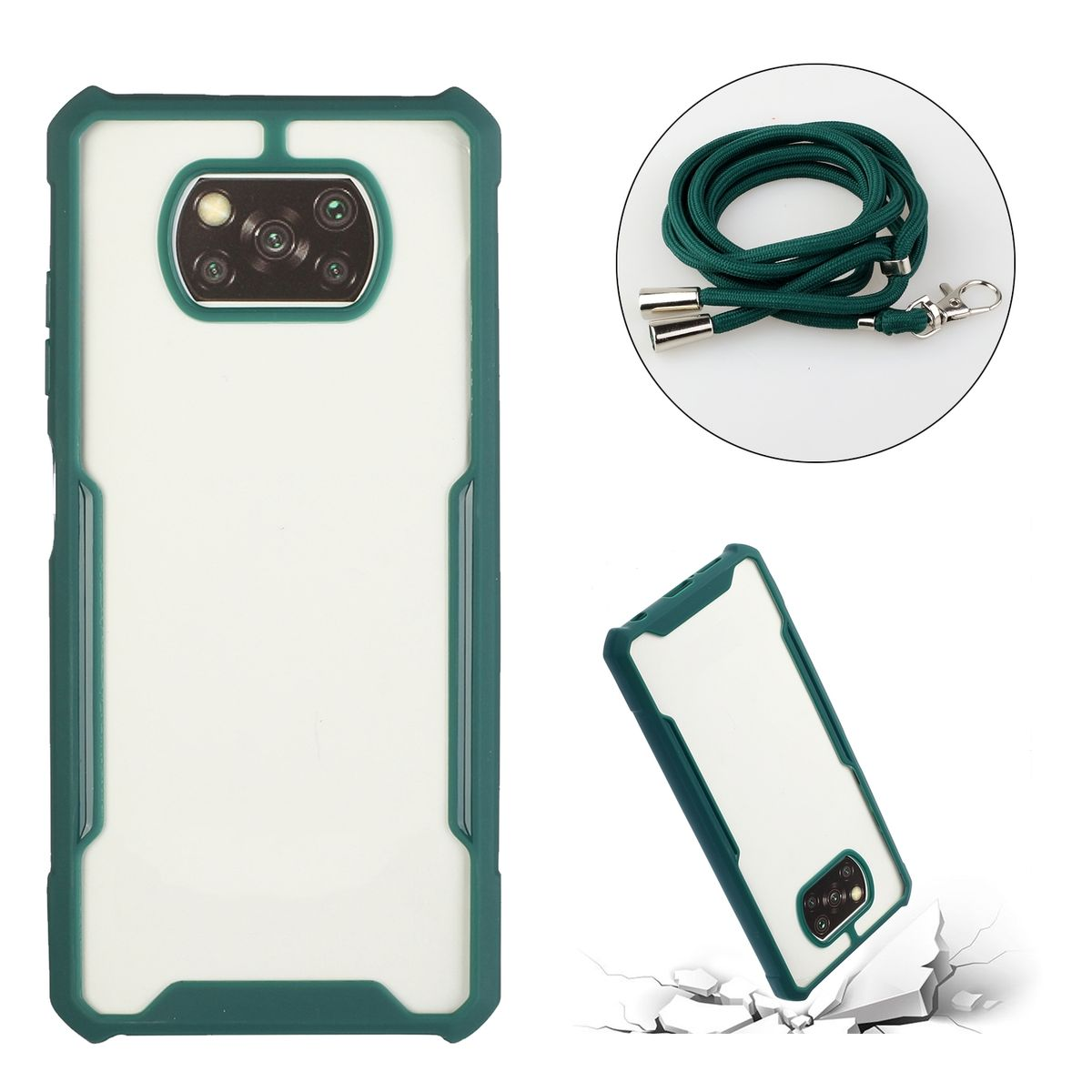 Grüne Handyhülle, mit einem Telefon und einem grünen Seil.