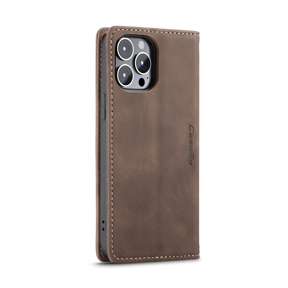 Braune Handyhülle mit Telefon. Das Telefon hat Kameras auf der Rückseite.