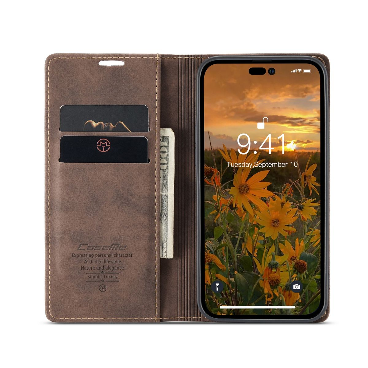 Braune Handyhülle offen, Telefon zeigt Sonnenuntergang, Karten und Geld sichtbar.