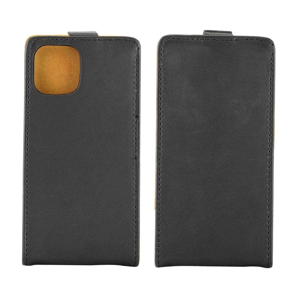 Schwarze Handyhülle mit gelbem Innenraum, geschlossen. Vorder- und Rückseite.