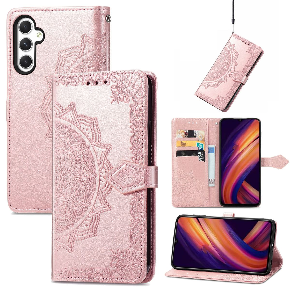 Rosa Handyhülle mit Schmetterlingsdesign. Mehrere Ansichten der Handyhülle und des Telefons mit Karten.