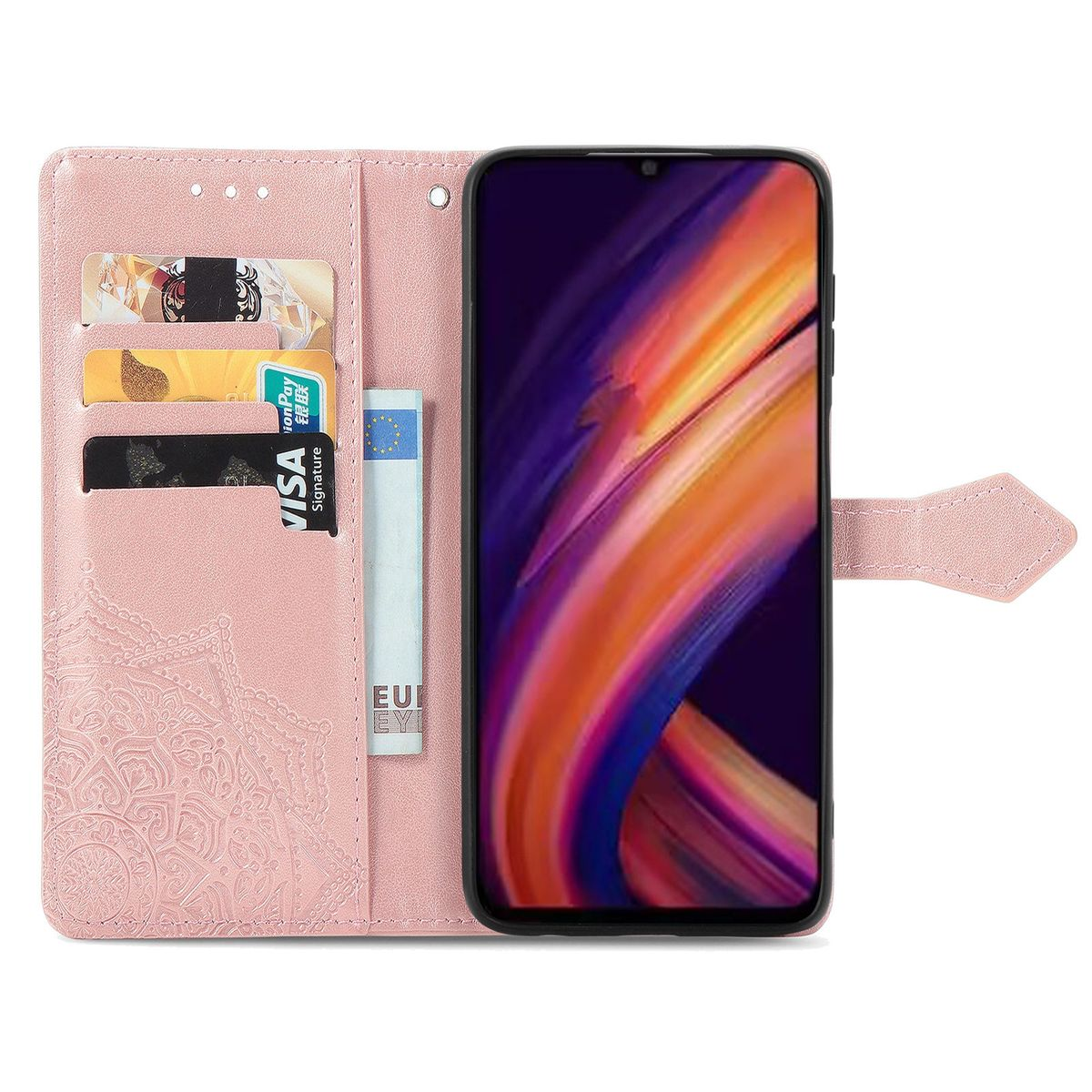 Rosafarbene Handyhülle mit einem Telefon im Inneren. Die Hülle ist offen, mit Blumenmuster und Kartenfächern. Rechnung ist in den Fächern.