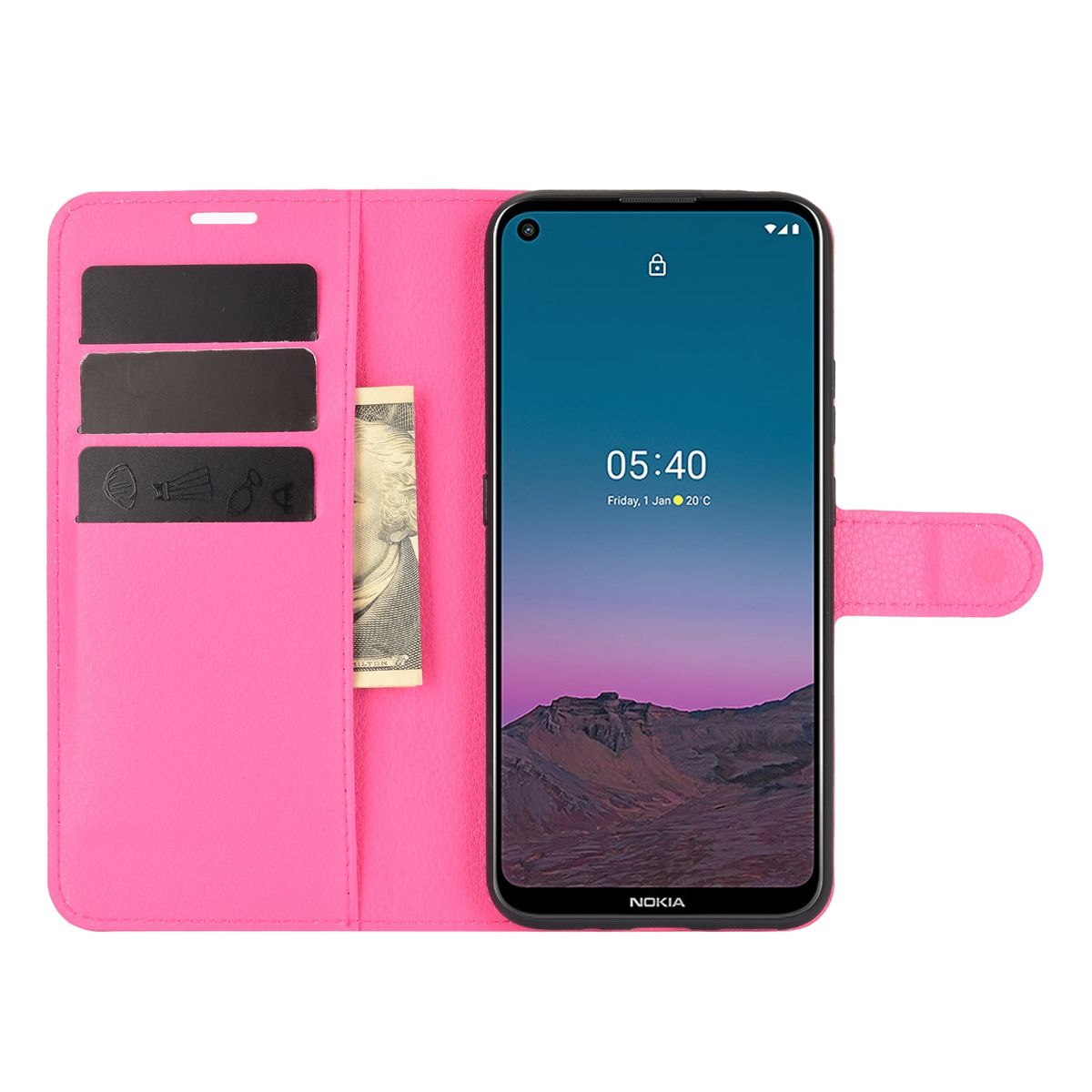 Rosa Handyhülle mit Telefon, das die Uhrzeit anzeigt. Mit Kartenfächern und einem Dollarschein. Die Hülle ist offen.