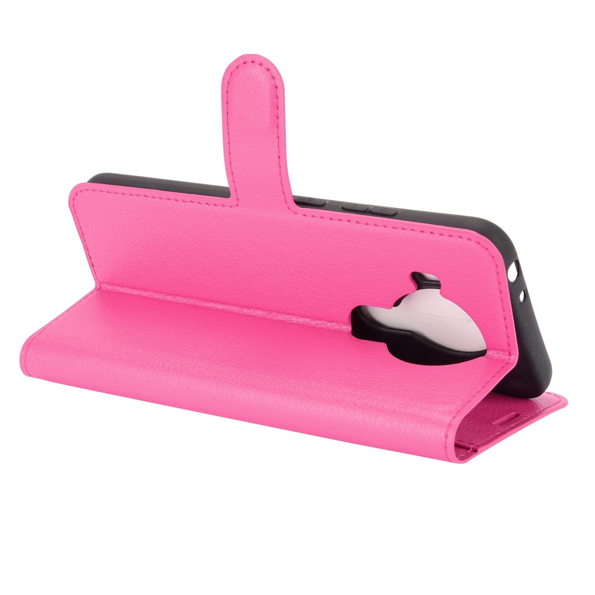 Rosa Handyhülle, Handy innen. Geöffnet, aufrecht, mit Ständer. Schwarzes Handy.