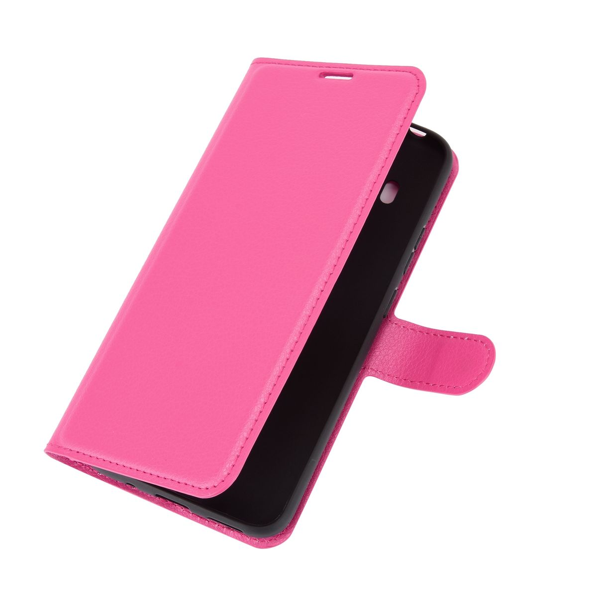 Rosa Handyhülle, offen, mit schwarzem Telefon, vor weißem Hintergrund.