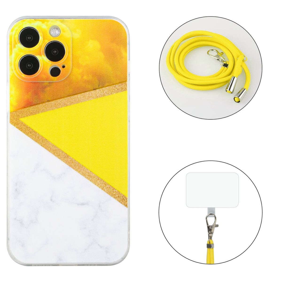 Gelb-weißes Handycase mit drei kreisförmigen Elementen. Gelbes Schlüsselband und Halter gezeigt.