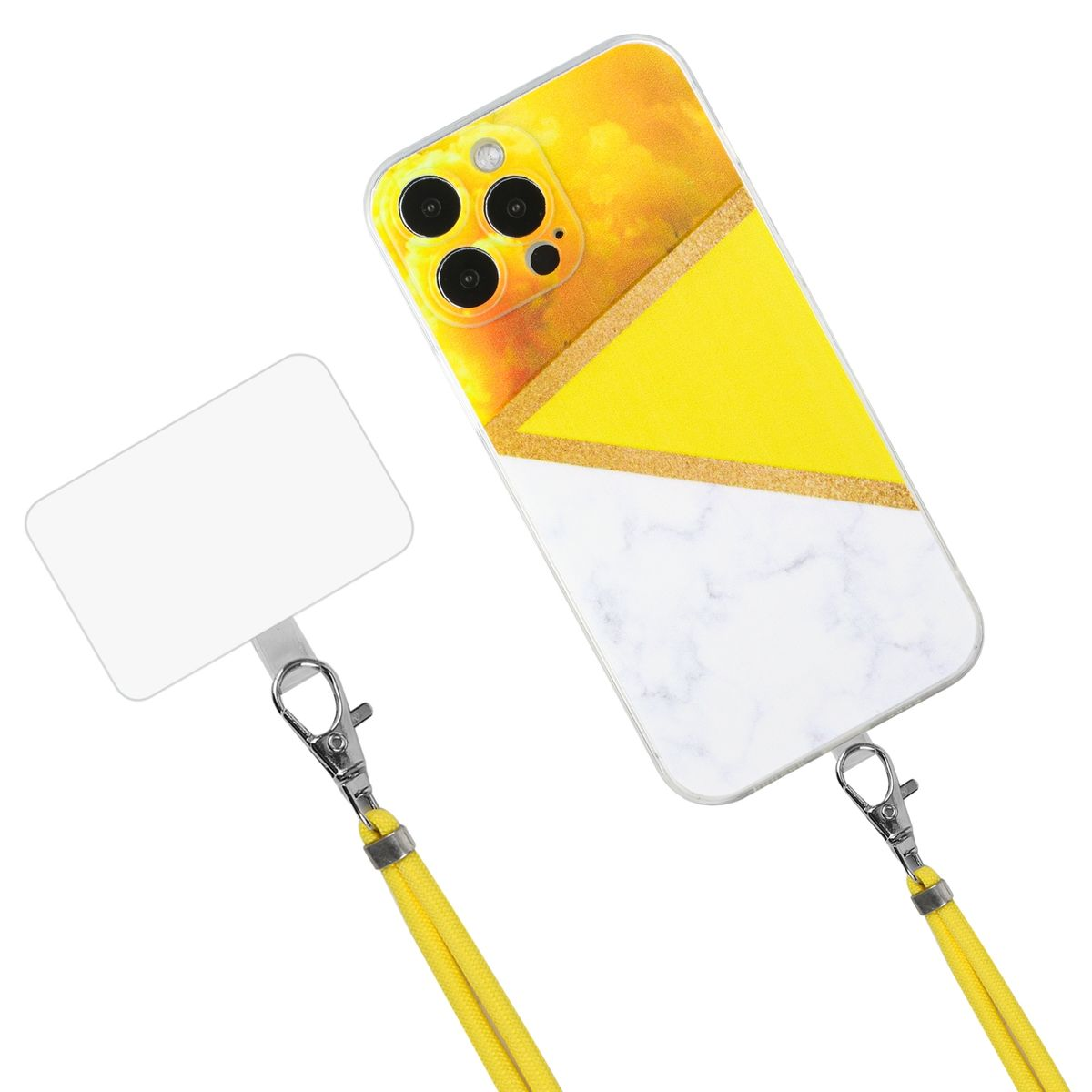 Handyhülle mit gelb-weißem Design, an gelbem Schlüsselband mit Clip befestigt.