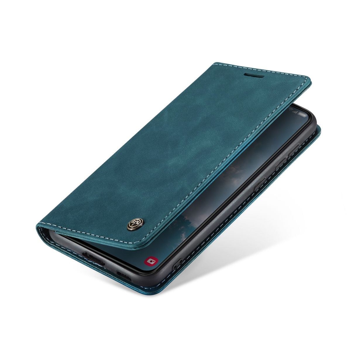 Smartphone-Hülle, teal-farben, geöffnet. Telefon innen, mit Knopf und sichtbaren Nähten, weißer Hintergrund.