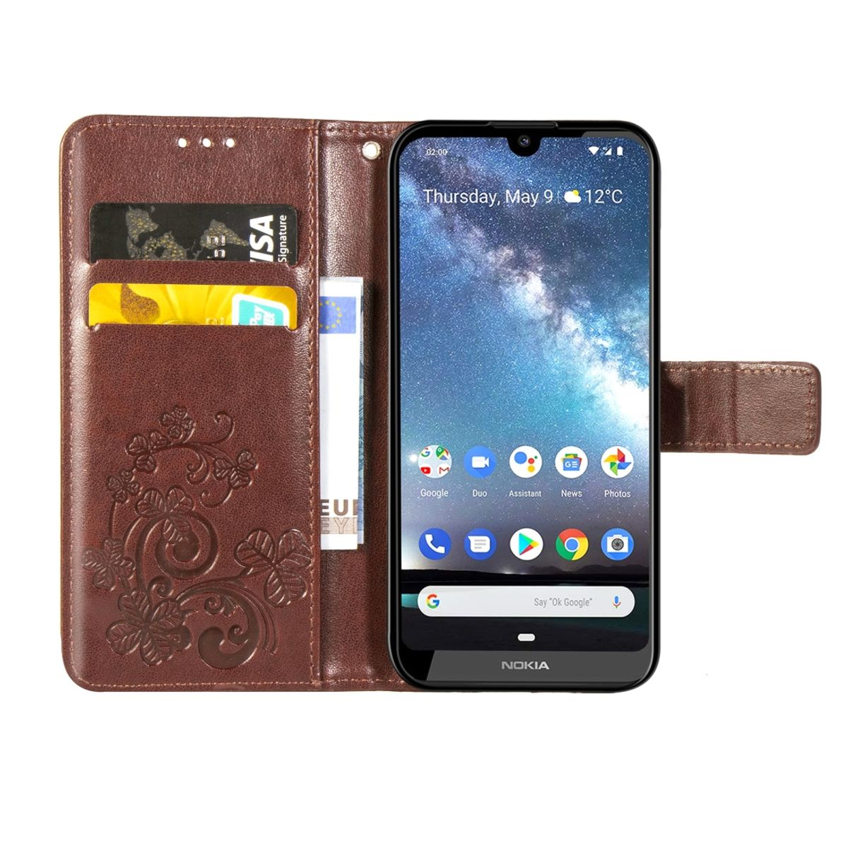 Geöffnete braune Brieftaschen-Handyhülle mit Telefon, zeigt Symbole, Karten und Datum.