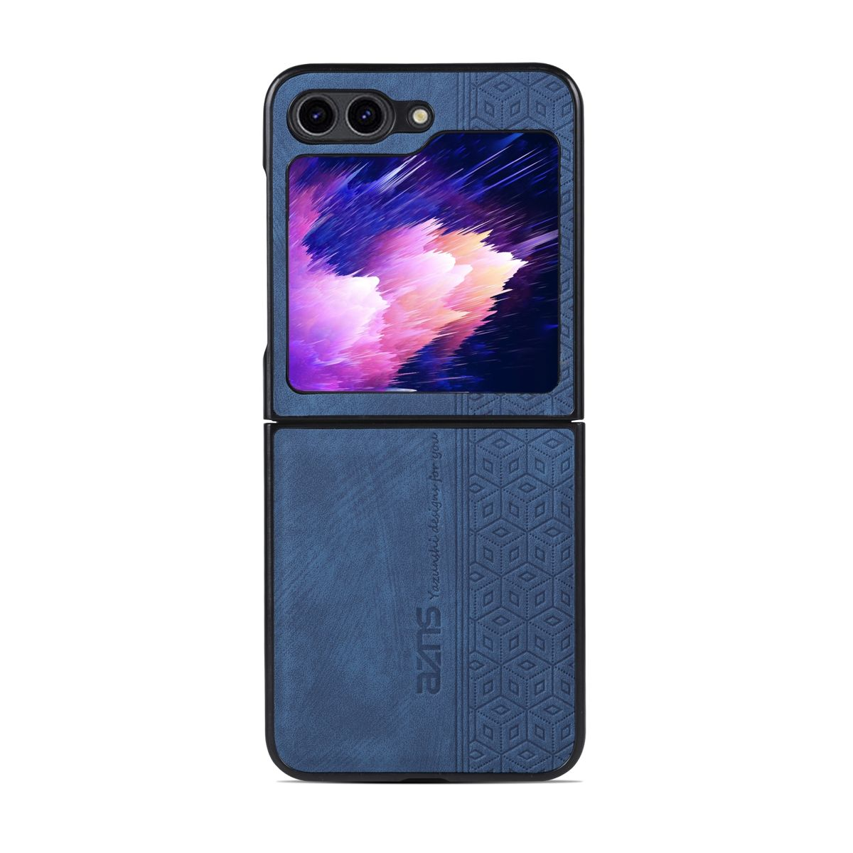 Blaue Handyhülle, zeigt ein Telefon mit farbenfrohem Bildschirm.