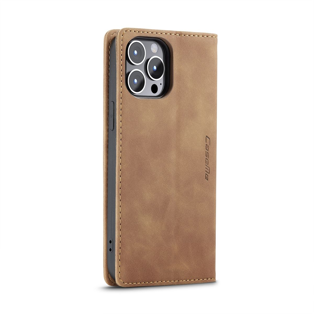 Braune Handyhülle mit Telefon. Das Telefon hat Kameras auf der Rückseite.