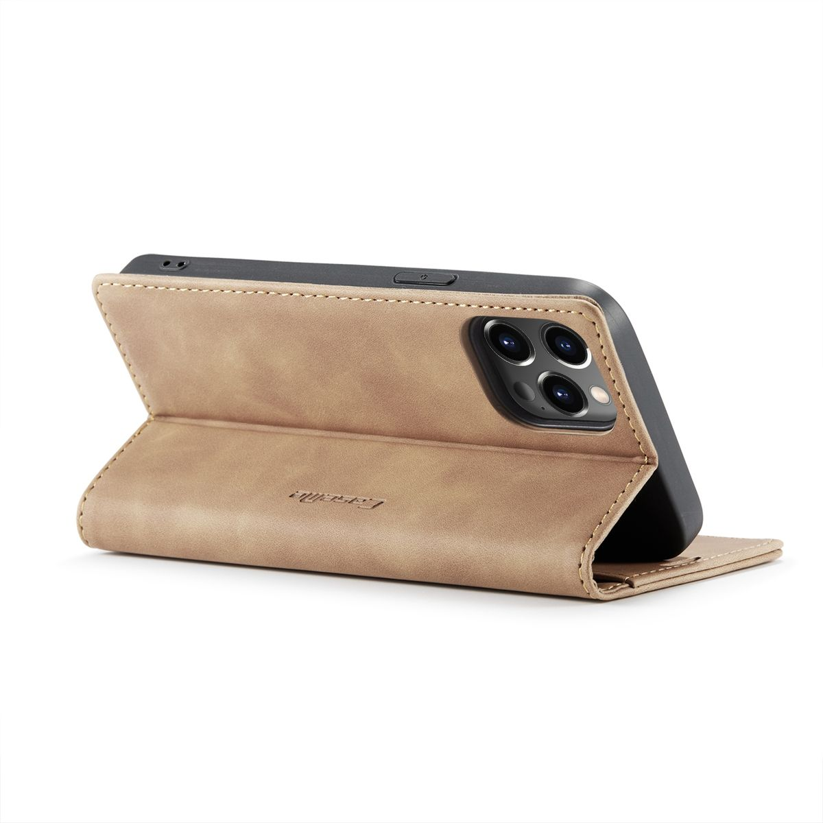 Eine hellbraune Handyhülle, geöffnet mit einem Telefon darin.