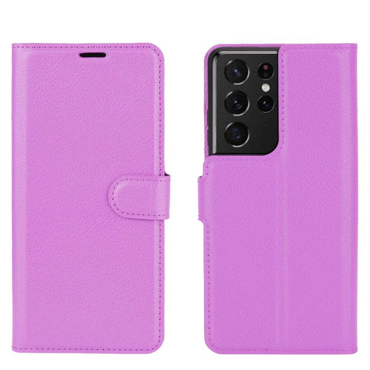 Lila Handyhülle geöffnet mit Telefon. Vorder- und Seitenansicht der Handyhülle.