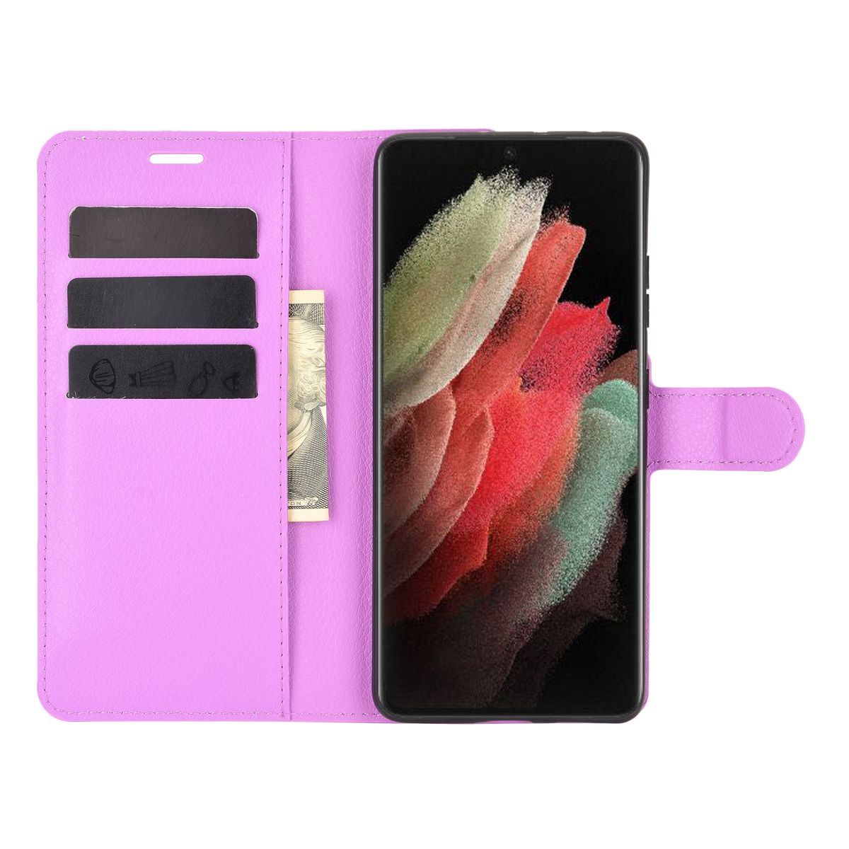 Lila Handyhülle mit Telefon, das farbenfrohe Kunst zeigt, Karten und Geld. Telefon hat schwarzen Bildschirm.