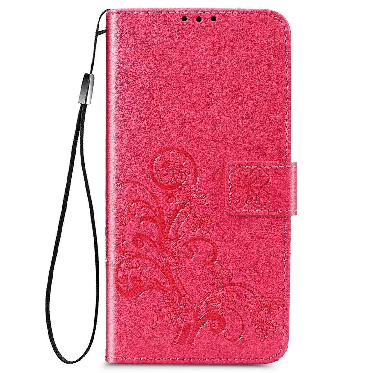 Rosa Handyhülle mit floralem Design, geschlossen, mit Riemen und Magnetverschluss.