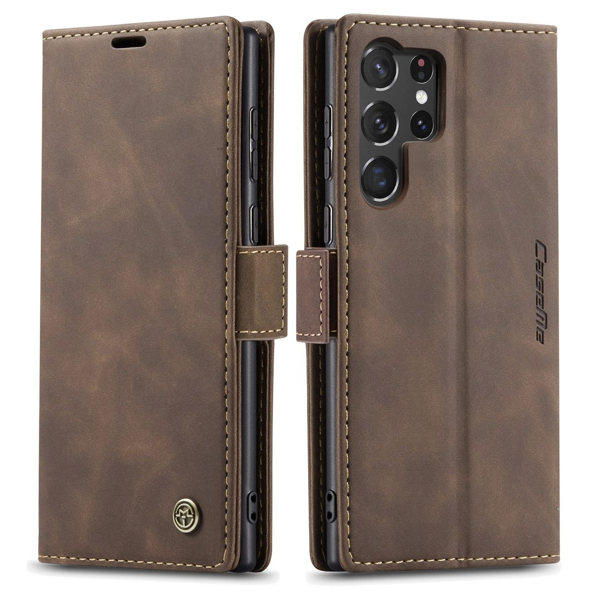 Braune Leder-Handyhülle, offen. Telefon innen. Kamera sichtbar.