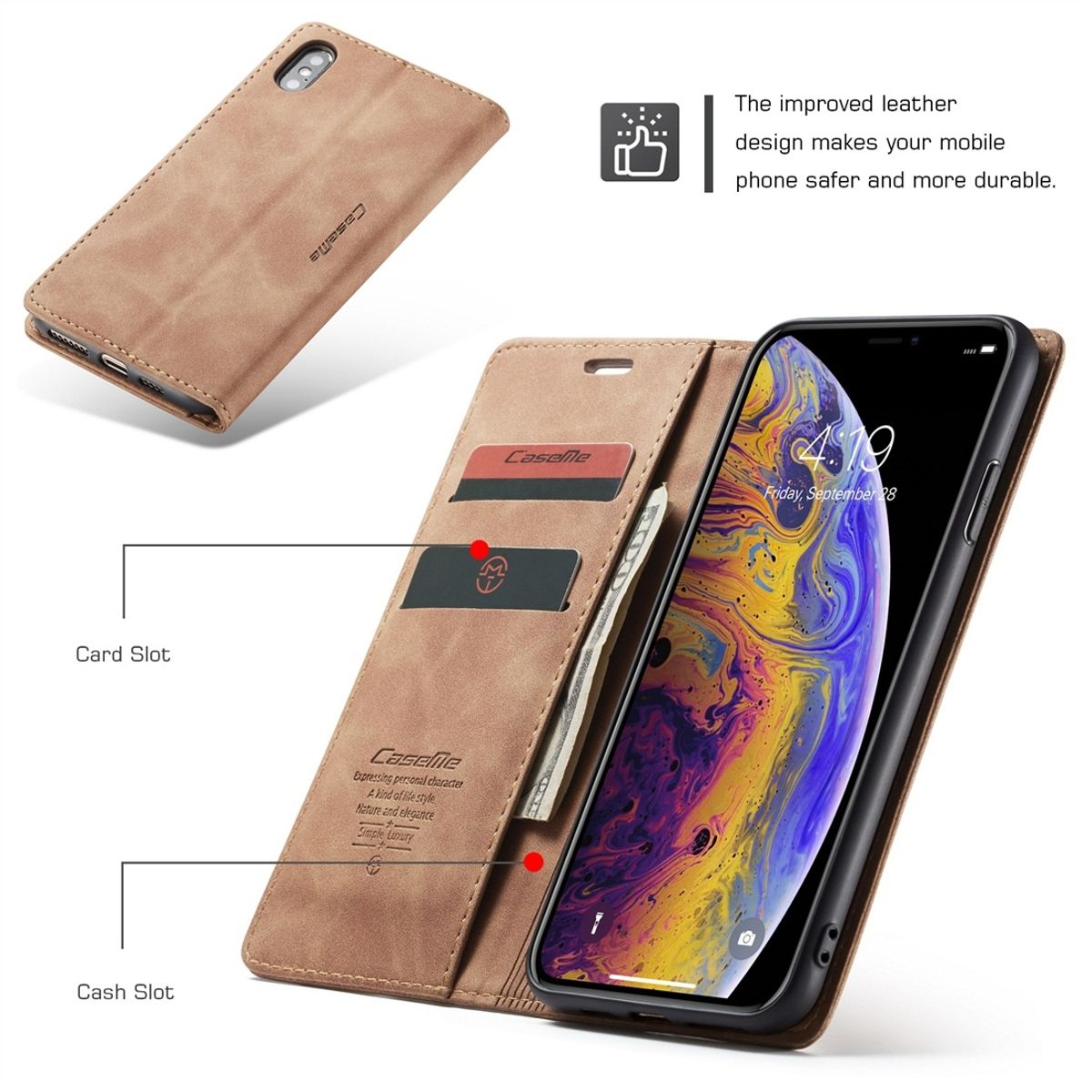 Geöffnete braune Handyhülle mit Telefon, Karten- und Geldfächern.