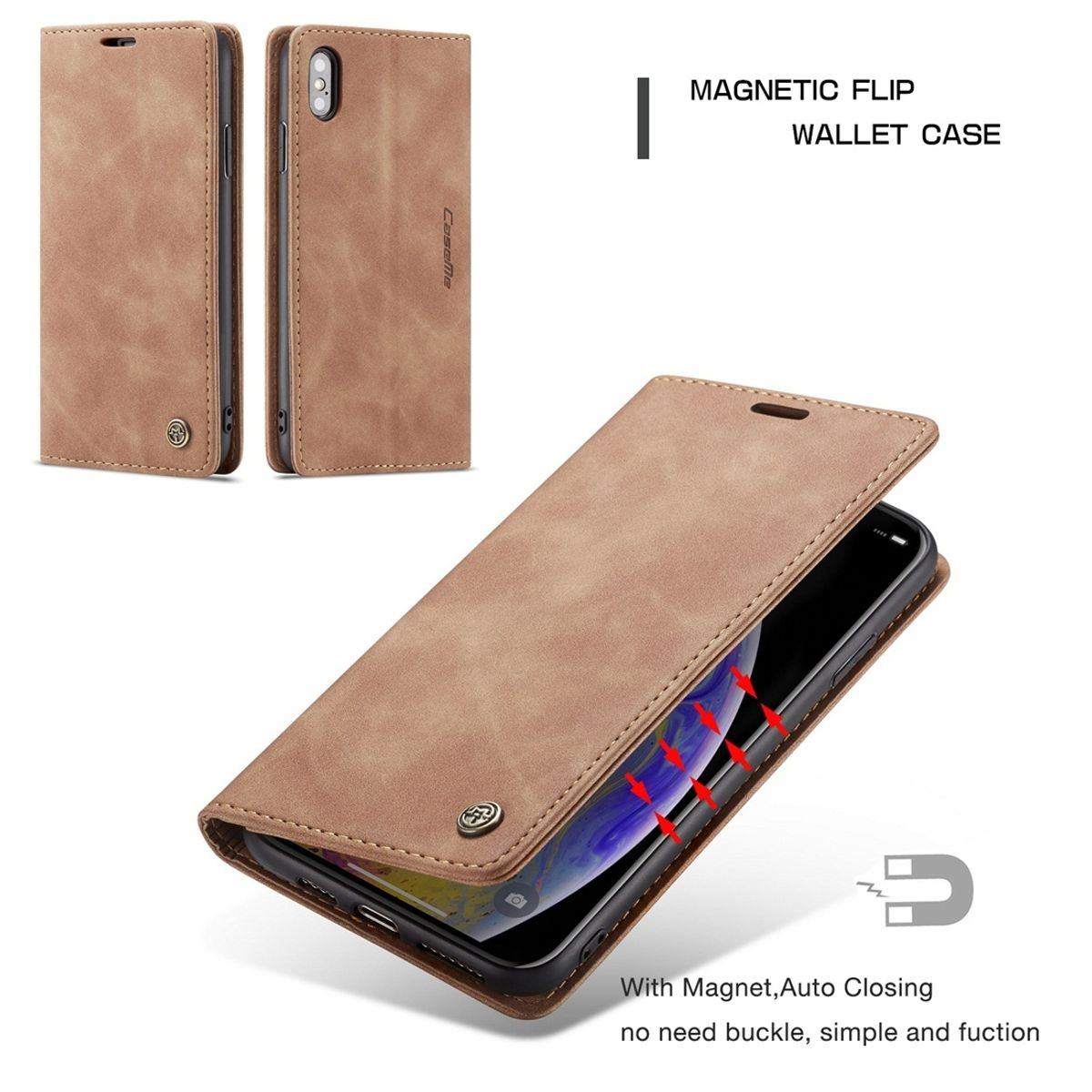 Eine braune Handyhülle ist geöffnet und zeigt ein Telefon. Text auf der Hülle lautet: Magnetic Flip Wallet Case.