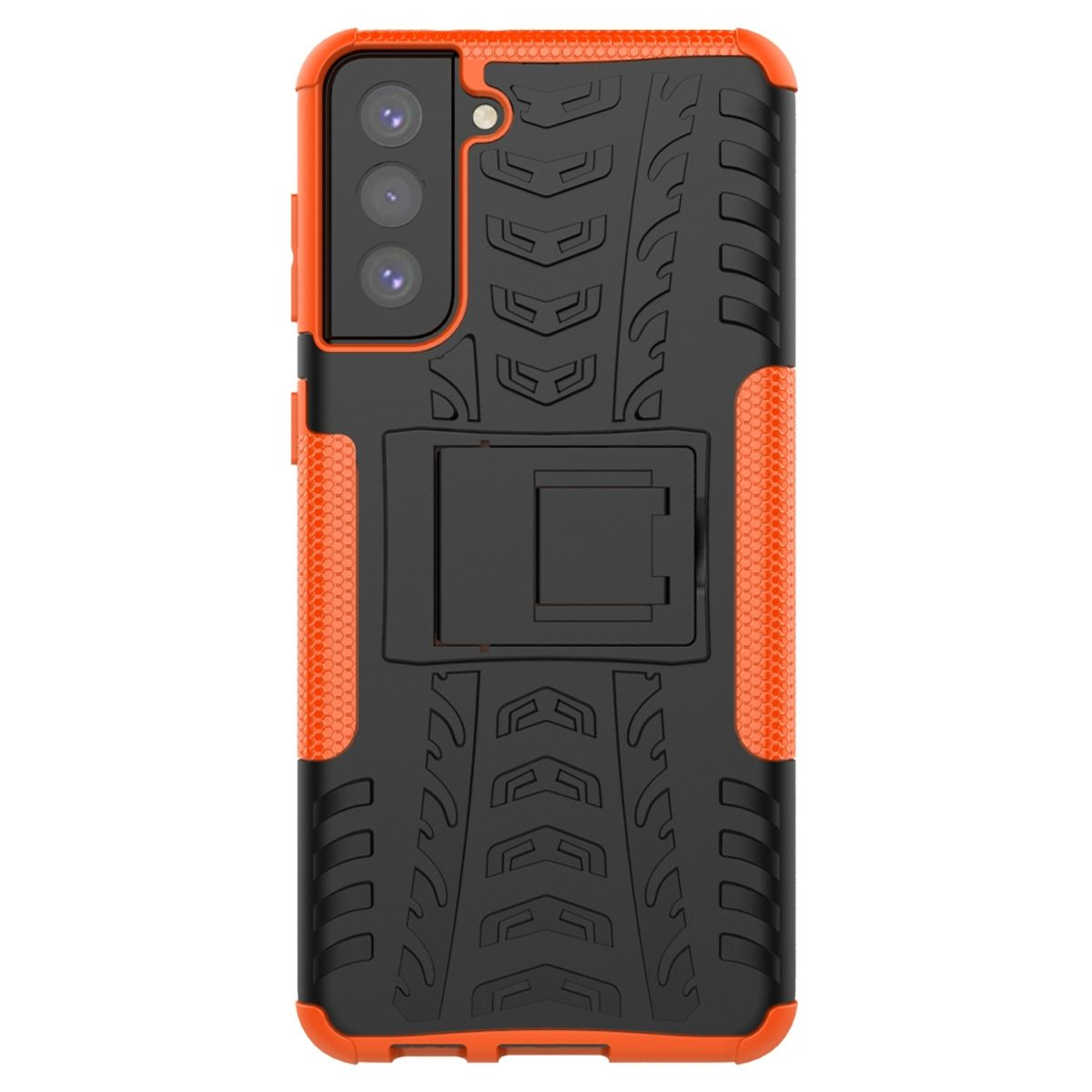 Orange und schwarze Handyhülle. Hat einen Ständer. Die Hülle ist strukturiert. Die Rückseite hat einen Kameraausschnitt.