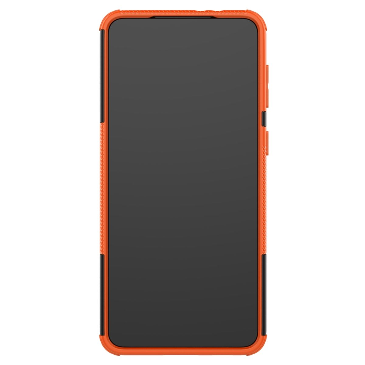 Orangene Handyhülle. Der Bildschirm ist schwarz. Strukturiertes Design und Knöpfe.