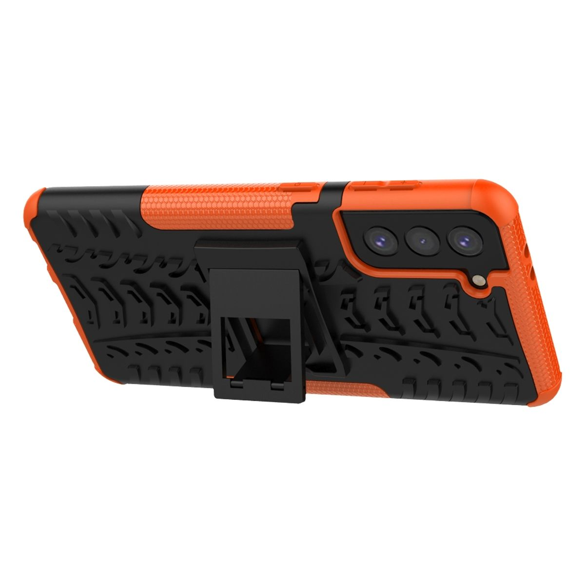 Eine orangefarbene und schwarze Handyhülle mit Ständer. Die Hülle hat ein strukturiertes Design.