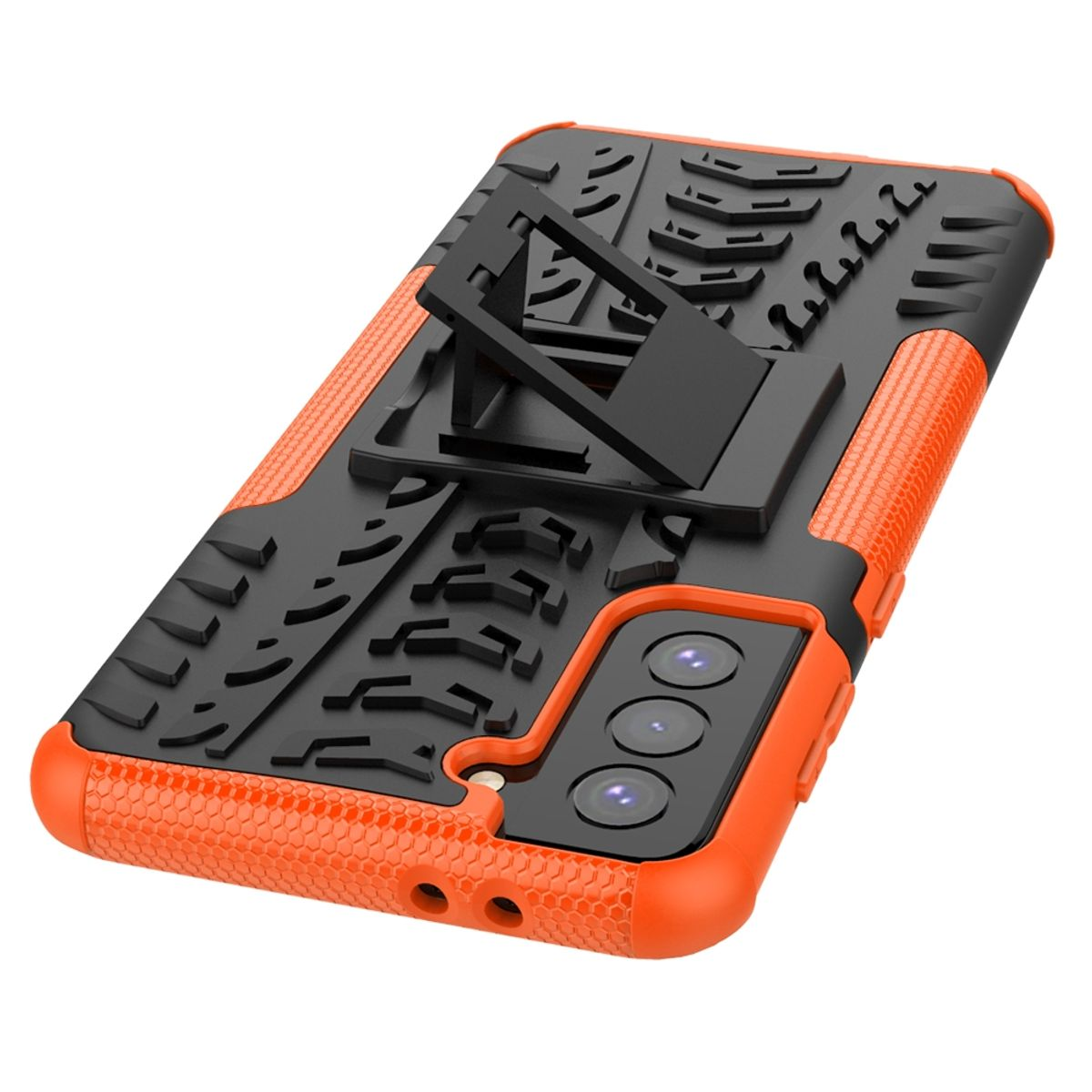 Orange und schwarze Handyhülle mit Ständer. Es hat ein robustes Design.