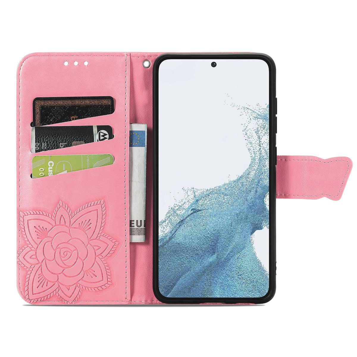 Rosa Handyhülle mit Blumendesign und Kartenfächern. Telefon mit blauem Bild innen.