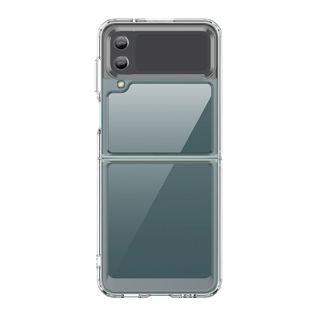 Transparente Handyhülle für ein faltbares Telefon, mit transparenter, reflektierender Oberfläche und Kameraaussparung.