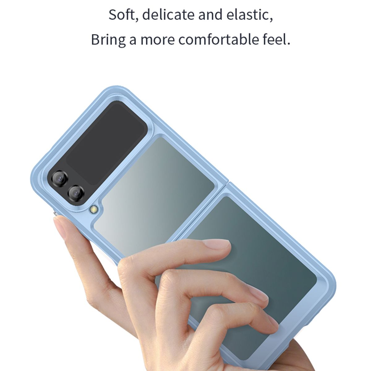 Eine Hand, die eine blaue Handyhülle mit zwei reflektierenden Paneelen hält.