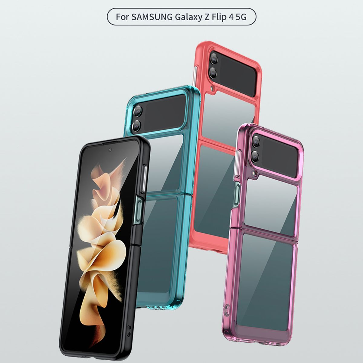 Vier Handyhüllen für Samsung Galaxy Z Flip 4 in Schwarz, Blau, Rot und Pink.