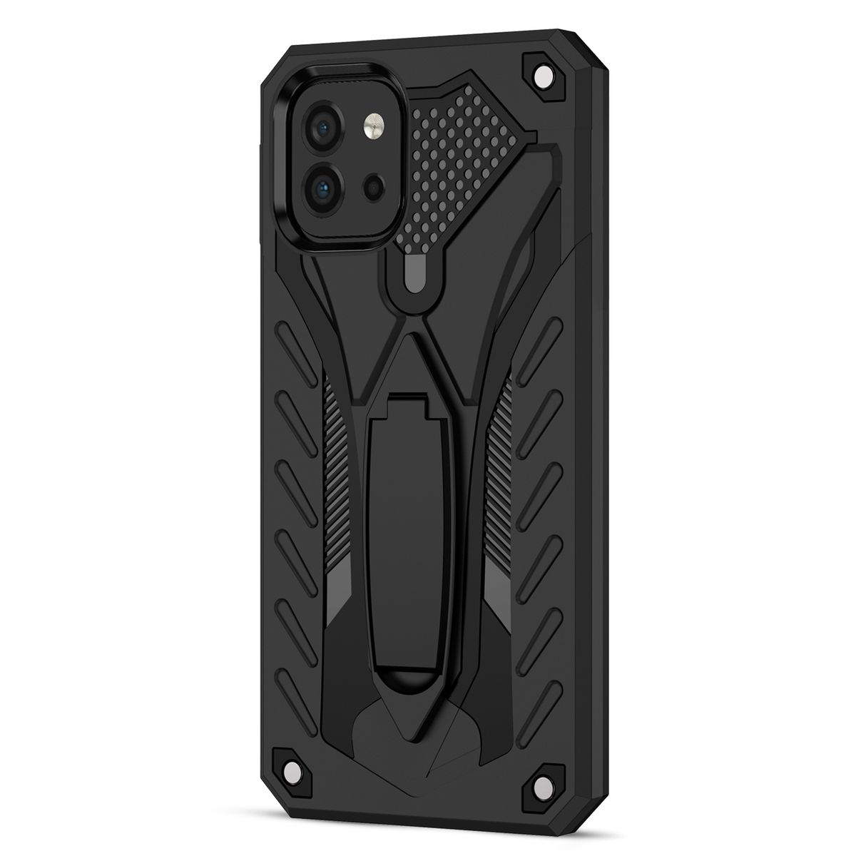 Schwarze Handyhülle mit Ständer, auf weißem Hintergrund. Verschiedene Designelemente.