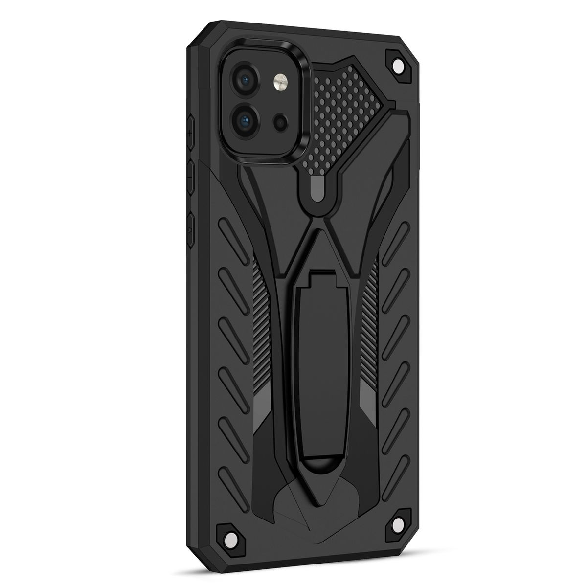 Schwarze Handyhülle, robustes Design. Kamera und Knöpfe sind sichtbar. Verfügt über einen Ständer auf der Rückseite.
