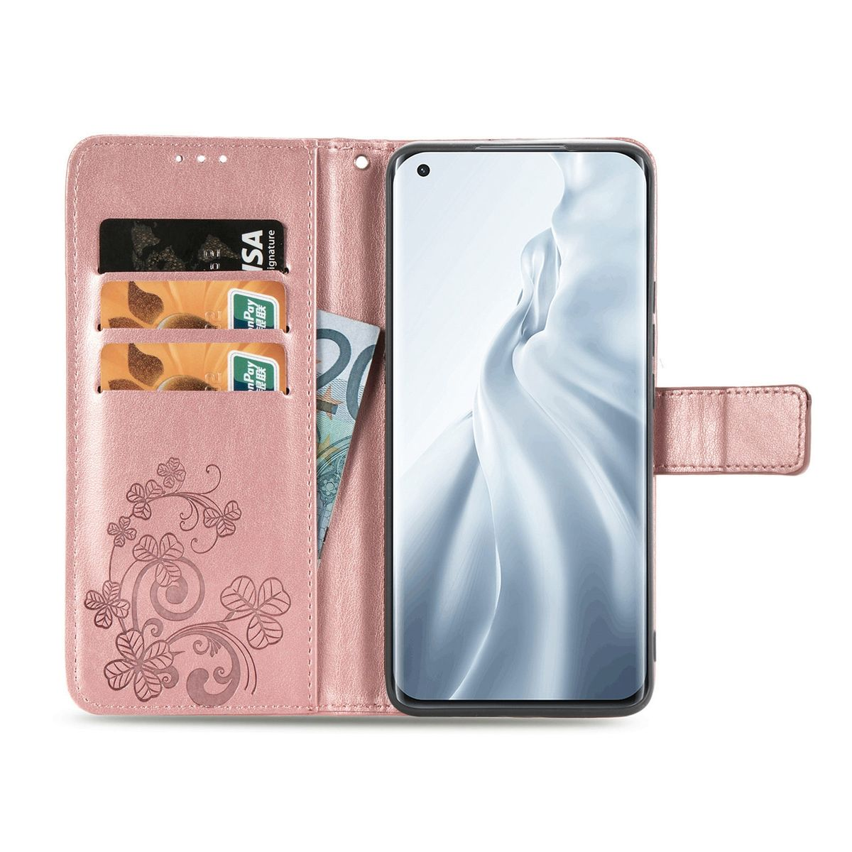 Geöffnete rosa Handyhülle mit Telefon, Karten und Geld. Hülle mit Blumendesign.
