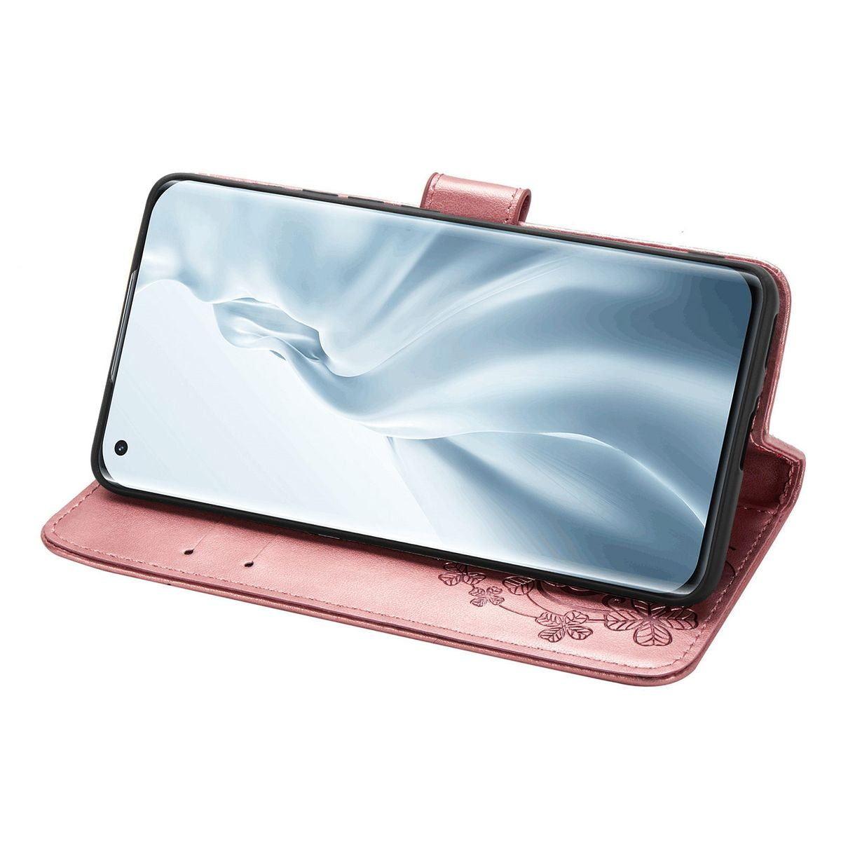 Rosa Handyhülle offen, zeigt Telefon im Inneren. Blumen sind auf der Außenseite der Hülle geprägt.