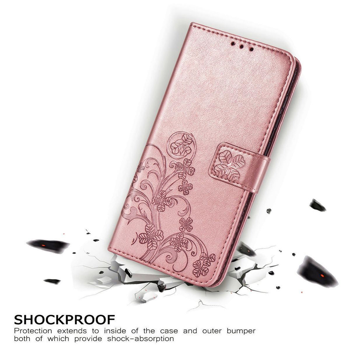 Rosa Handyhülle mit floralem Design. Hülle ist geöffnet, zeigt Risse am Boden.