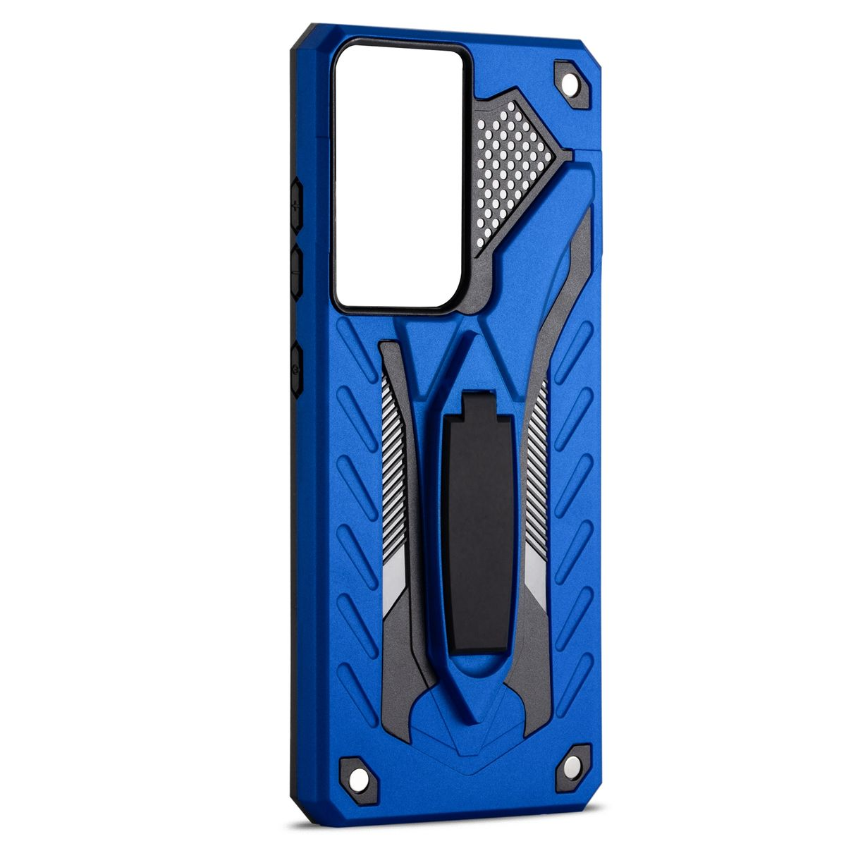 Blau-schwarze Handyhülle mit robustem Design, Kameraausschnitt und Seitentasten.
