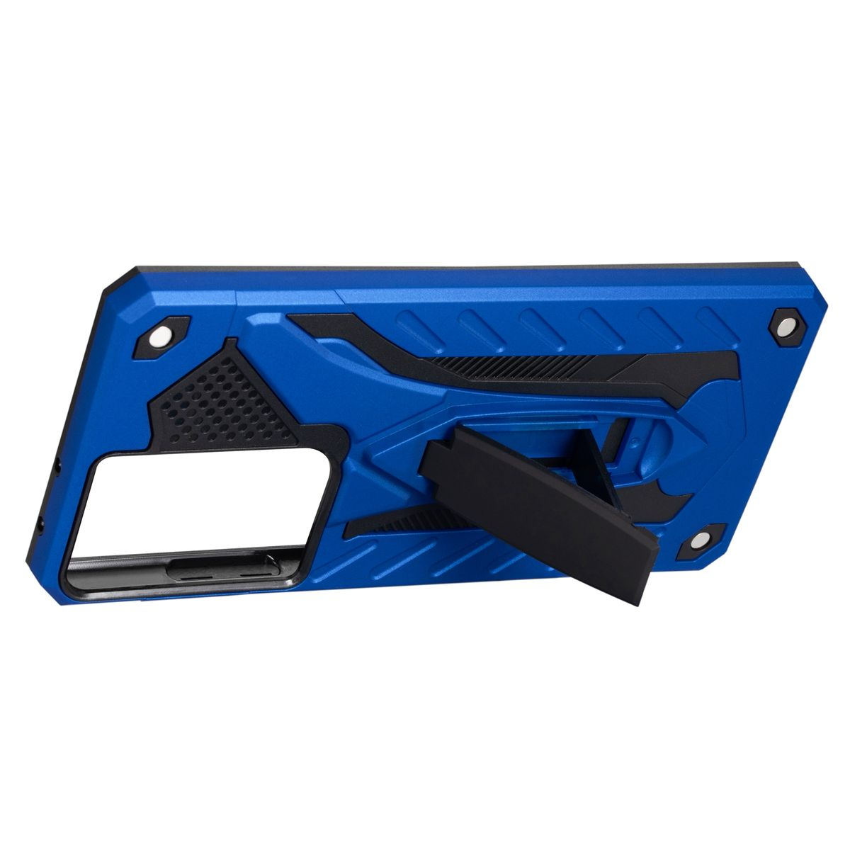 Blaue Handyhülle mit Ständer. Es hat ein robustes Design, schwarze Akzente und einen Ständer.